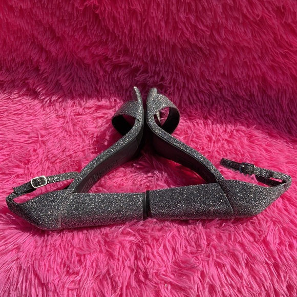 Silver sparkle fabric chunk heel open toe ankle strap buckle close heels sz 9.5 - Picture 7 of 10